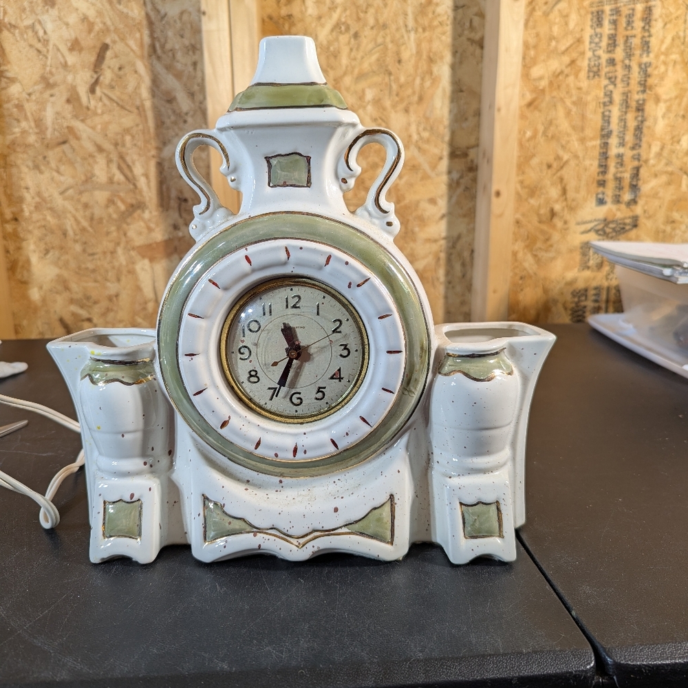 1940's White and Green Lanshire Neoclassical Mantel Clock